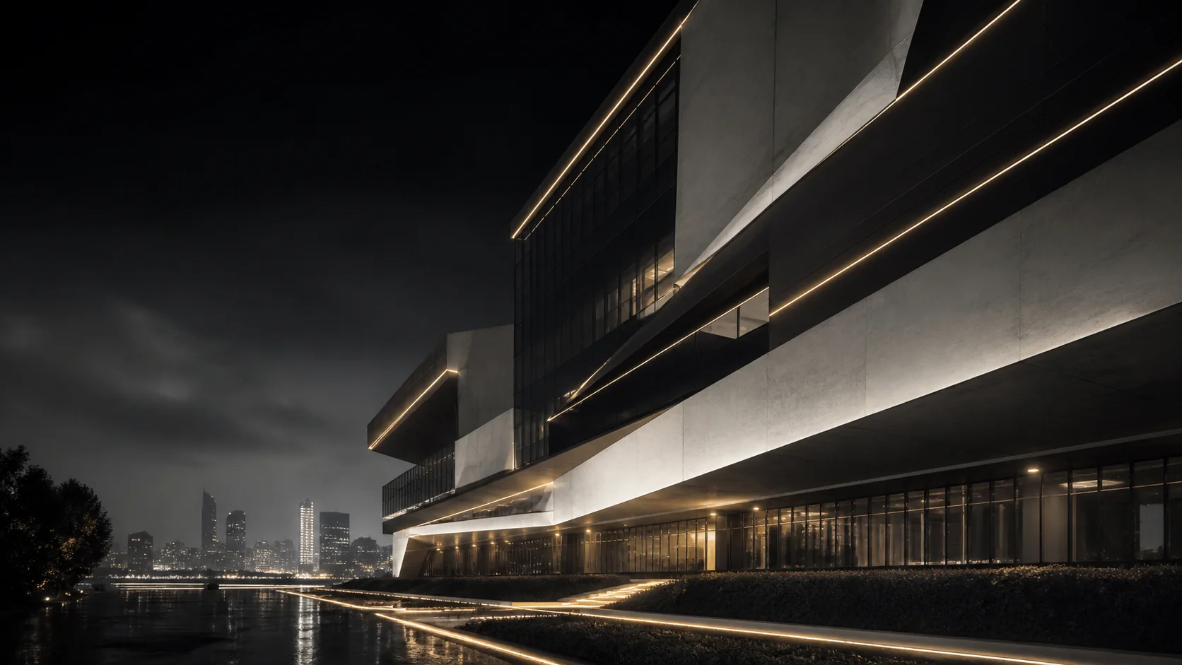 Monumentale zeitgenössische Architektur bei Nacht